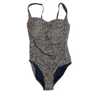 Nip Tuck Ruched Swimsuit Sweetheart Neckline 6 Navy Blue Gold Tummy Control